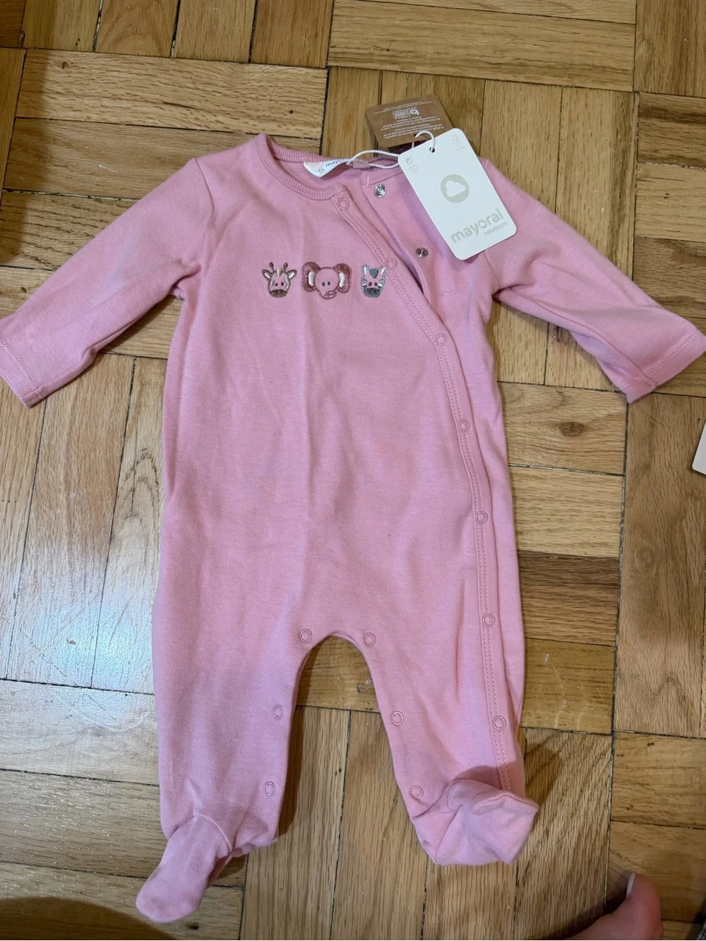 Mayoral Pink Footed Baby One-Piece with Animal Embroidery